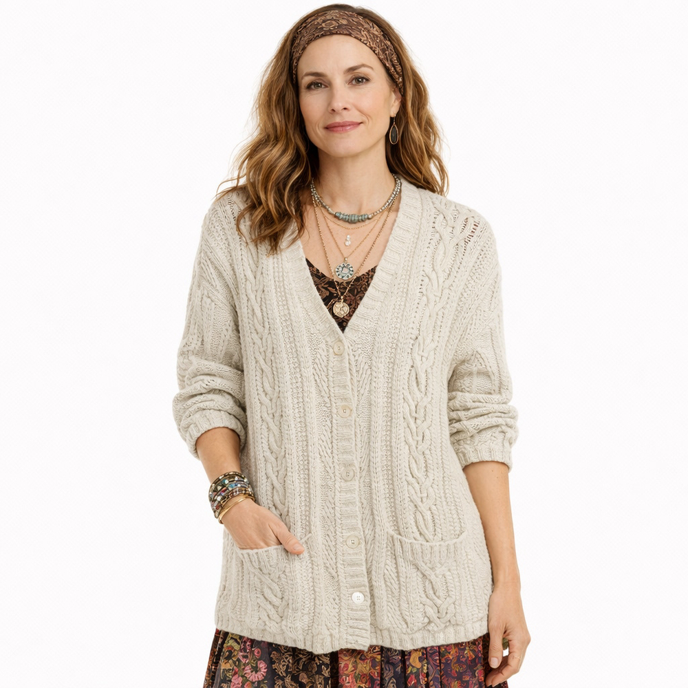 VINTAGE Ralph Lauren BUTTON DOWN Beige HAND KNIT Cable SWEATER Cardigan WOMENS S